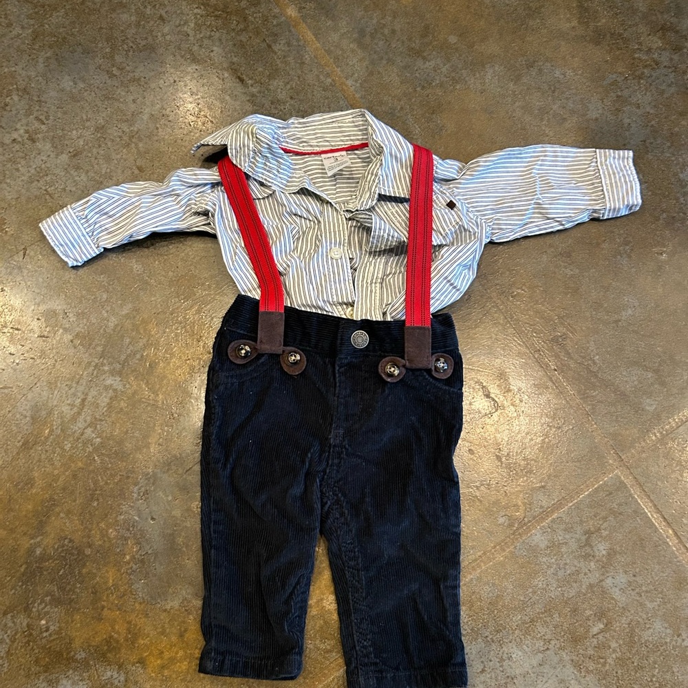 Carter's Striped Shirt and Navy Pants Set with Red Suspenders